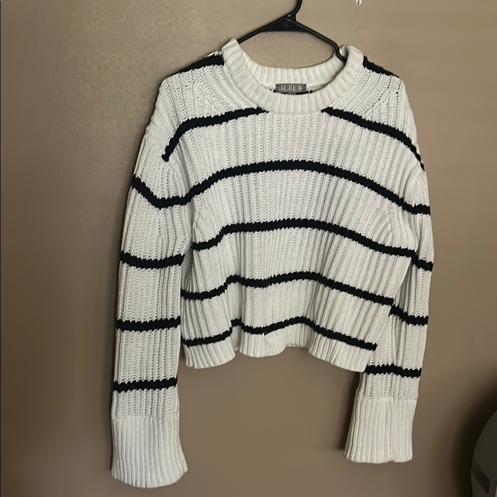 Cropped JCrew Women's Sweater - White and Black Stripes